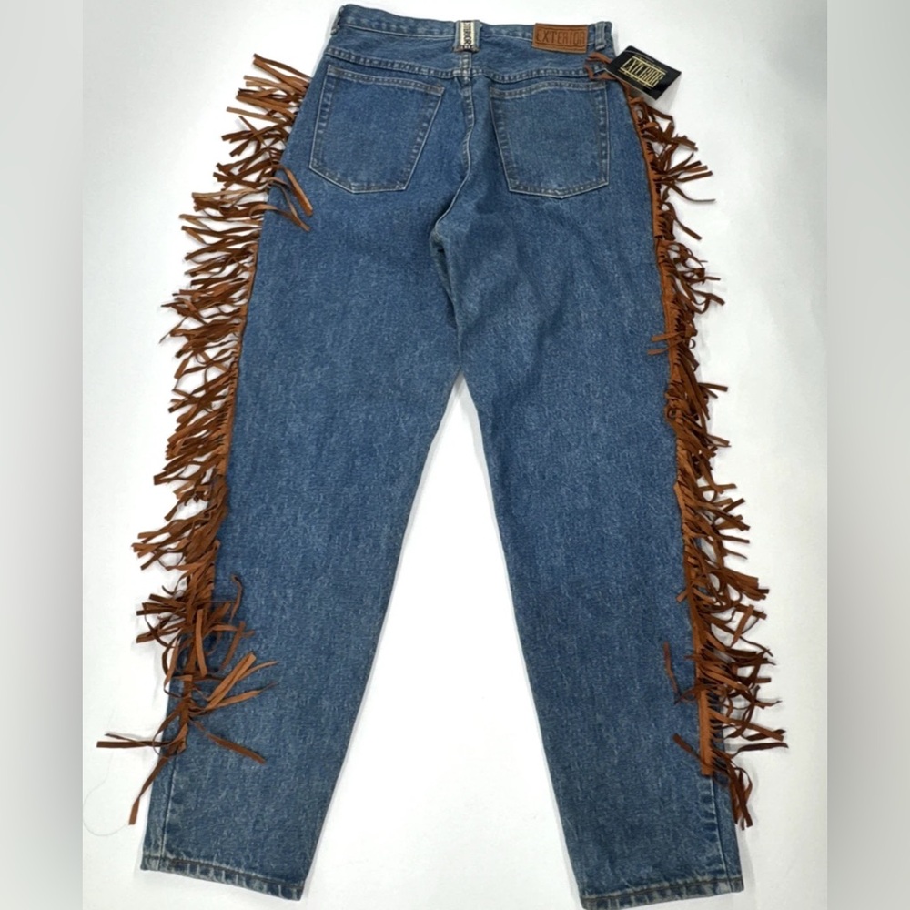 Vintage Leather Fringe Trim Jeans Mens 32x30 Blue Denim Tapered High Waist NWT - Picture 2 of 9